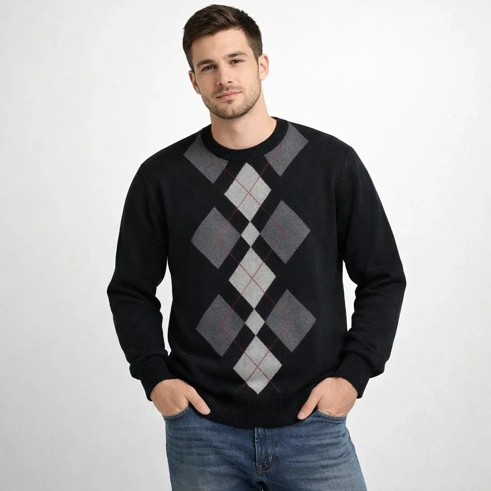 Men's Black Gray Argyle Sweater Crewneck Preppy Dark Academia Grandpa L